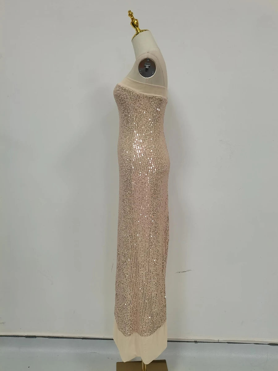 TWOTWINSTYLE Solid Slimming Fashion Dresses for Women Strapless Sleeveless Patchwork Sequins Midi Split Dress Female Clothing