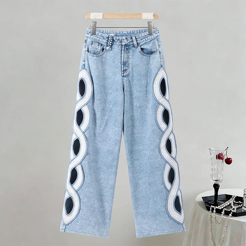 Fashion Side Hollow Out Jeans Women's High Waist Straight Leg Denim Pants 2026 Summer New Lady Trendy Casual Streetwear