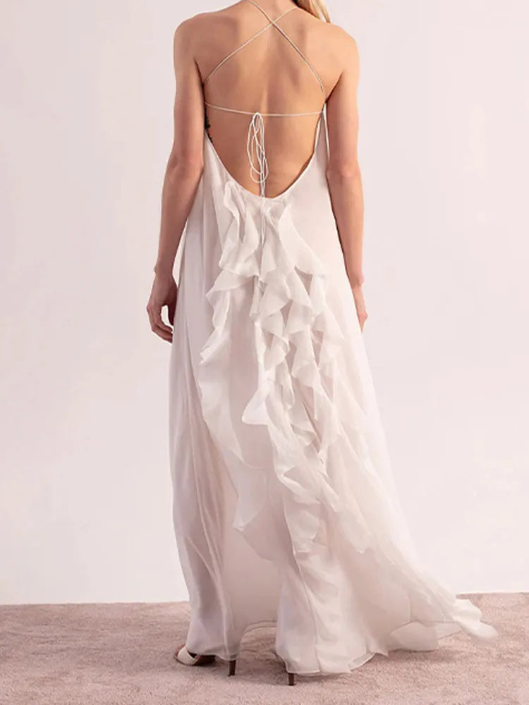 Elegant White Ruffles Edge Backless Long Dresses