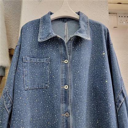 European Goods Heavy Hot Drilling Denim Coat Women's Fashion All-Match Mid-Length Slim Shirt Streetwear Loose Ladies Top Winter