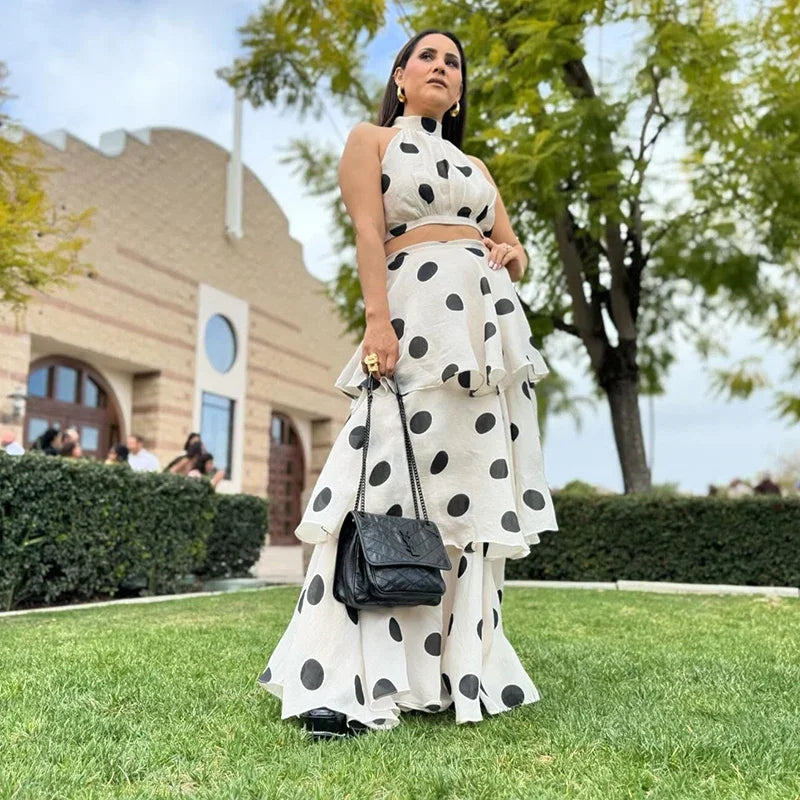 1 Polka Dots Vest Ruffles A-line Long Skirt set