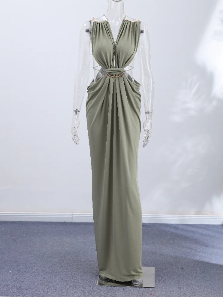 Sexy Women Dress Hollow Sleeveless Deep V Neck Big Backless Hip Package Long Dresses Elegant Summer New Beach Holiday Robes Lady