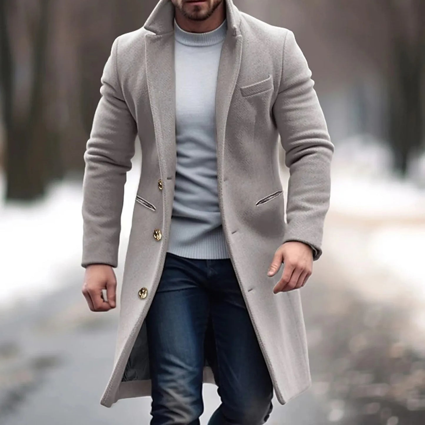 Mid Length Men Winter Windbreaker Jacket Solid Color Lapel Single Breasted