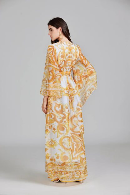 Golden White Porcelain Flower Print Lantern Sleeve