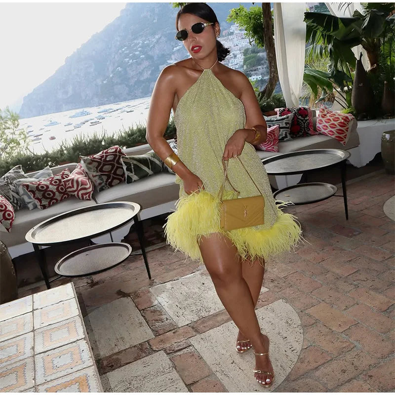 Yellow Sparkly Feathers Mini - Shellss