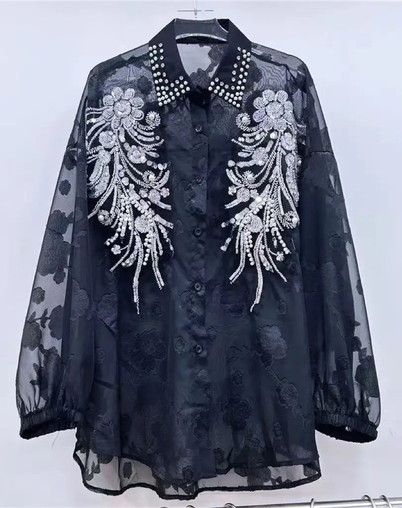 The Royals Collection-Luxury Style Sparkle Rhinestones Embellished Shirt