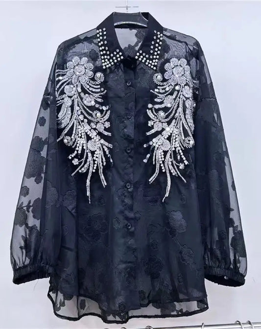 The Royals Collection-Luxury Style Sparkle Rhinestones Embellished Shirt
