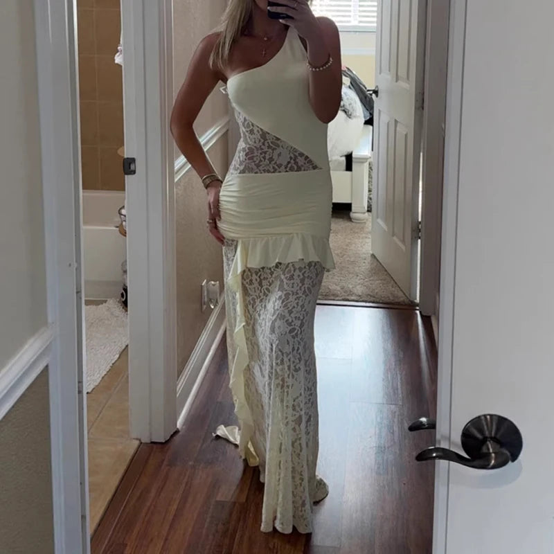 2026 Sexy Asymmetric Slimming Evening Dress Fashion Lace Patchwork Solid Color Women's Dress Elegant Lace Sleeveless Long Dress - Shellss