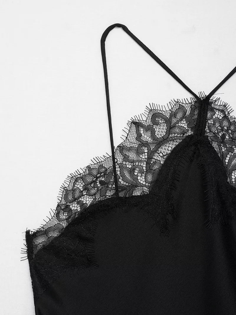 Black Lace Halter Satin Dress