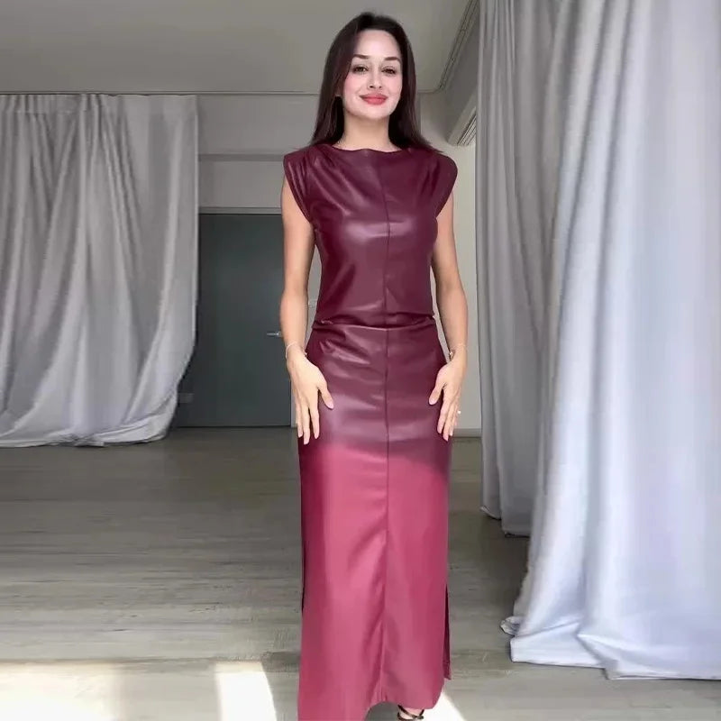 Sweet And Spicy Style Long Sleeveless round Neck PU Leather Dress Women's Fashion Summer New Arrival Mini Maxi Skirt