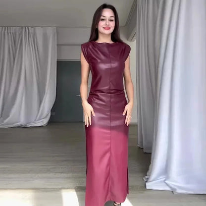 Sweet And Spicy Style Long Sleeveless round Neck PU Leather Dress Women's Fashion Summer New Arrival Mini Maxi Skirt