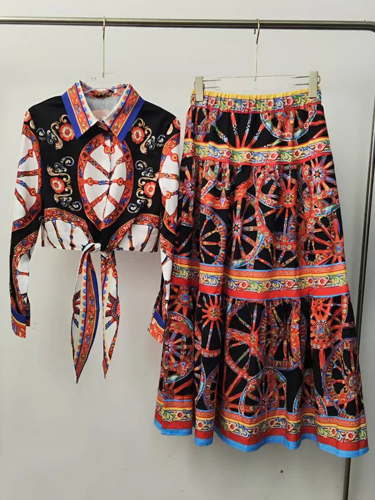 2026 Summer Women's Clothing Retro Geometric Print Sexy Suspender Lapel Shirt Two-piece Set + Shirring Loose Skirt Fashion Suit - Shellss