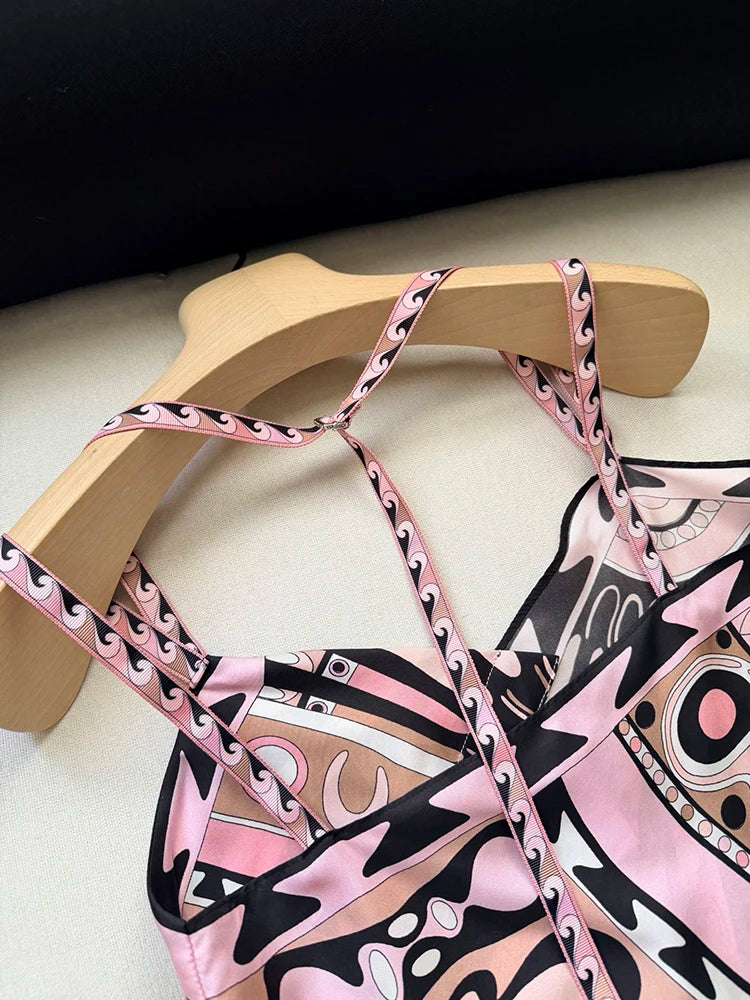 Summer Fashion Outdoors Tourism Geometric Print Asymmetrical Tops Women's Sexy Spaghetti Strap Strapless High Waist Slim Top