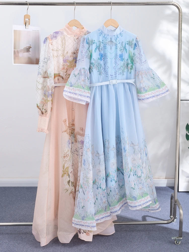 Floral Print Women Dress Button Down Mock Neck Maxi Dresses Long Lantern Sleeve A-Line Waist Belt Flared Hem Elegant Streetwear - Shellss