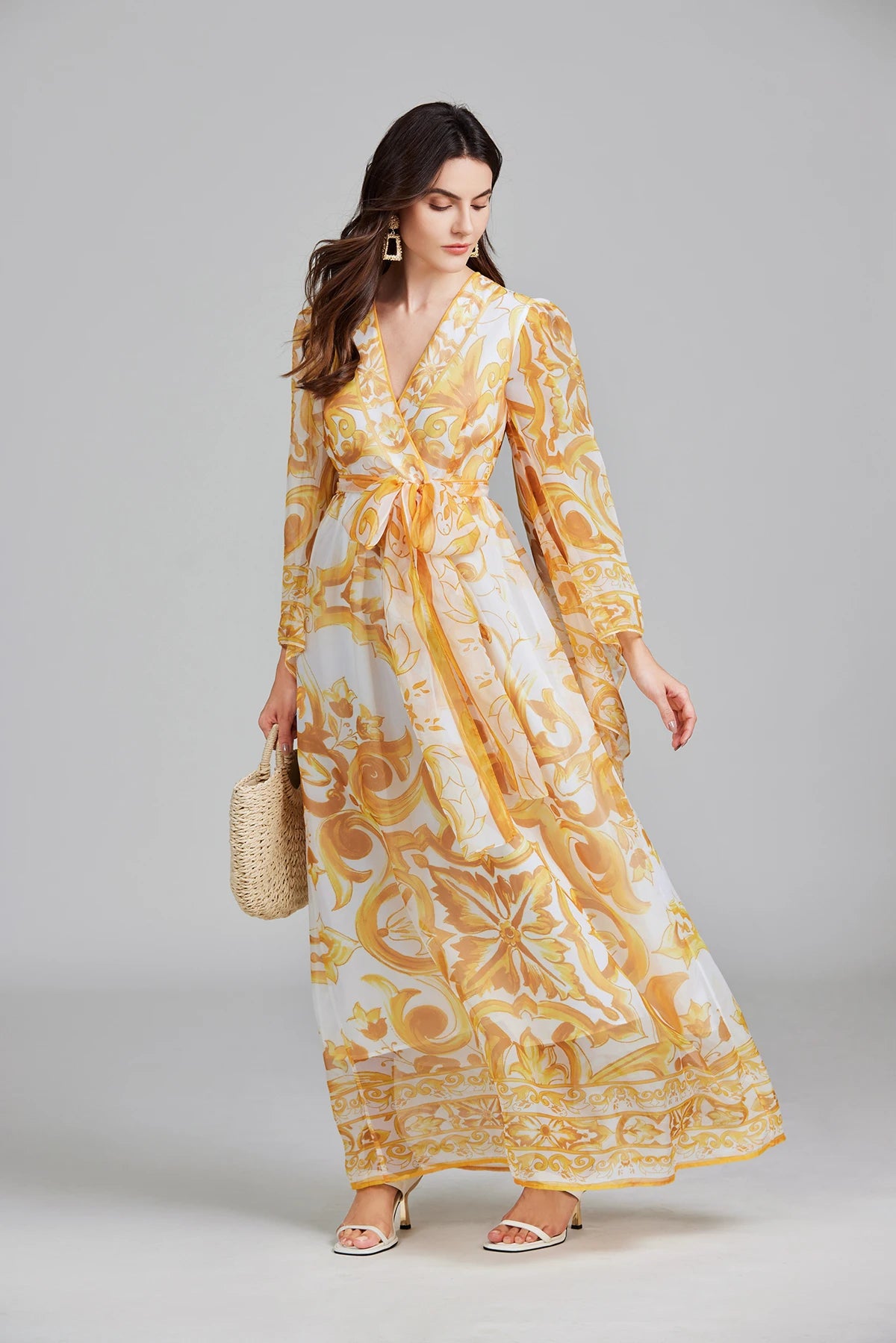 Golden White Porcelain Flower Print Lantern Sleeve