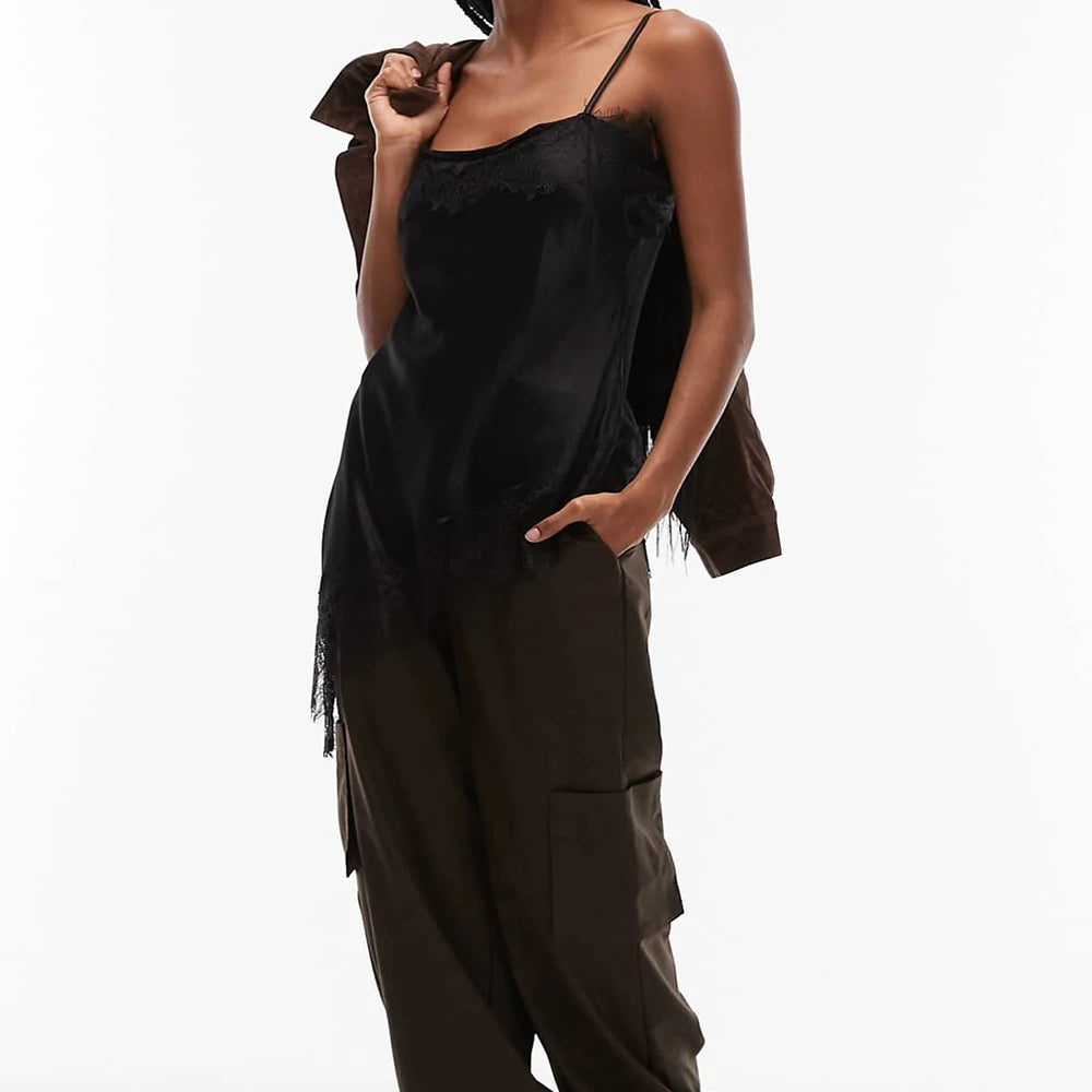 Vintage Lace Satin Asymmetrical Tanks Tops - Shellss