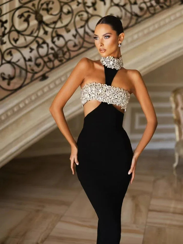 2025 Women Celebrity Sexy Halter Beading Crystal Black Maxi Long Bodycon Bandage Dress Elegant Evening Club Party Dress