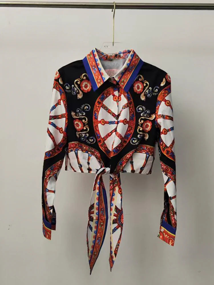 2026 Summer Women's Clothing Retro Geometric Print Sexy Suspender Lapel Shirt Two-piece Set + Shirring Loose Skirt Fashion Suit - Shellss
