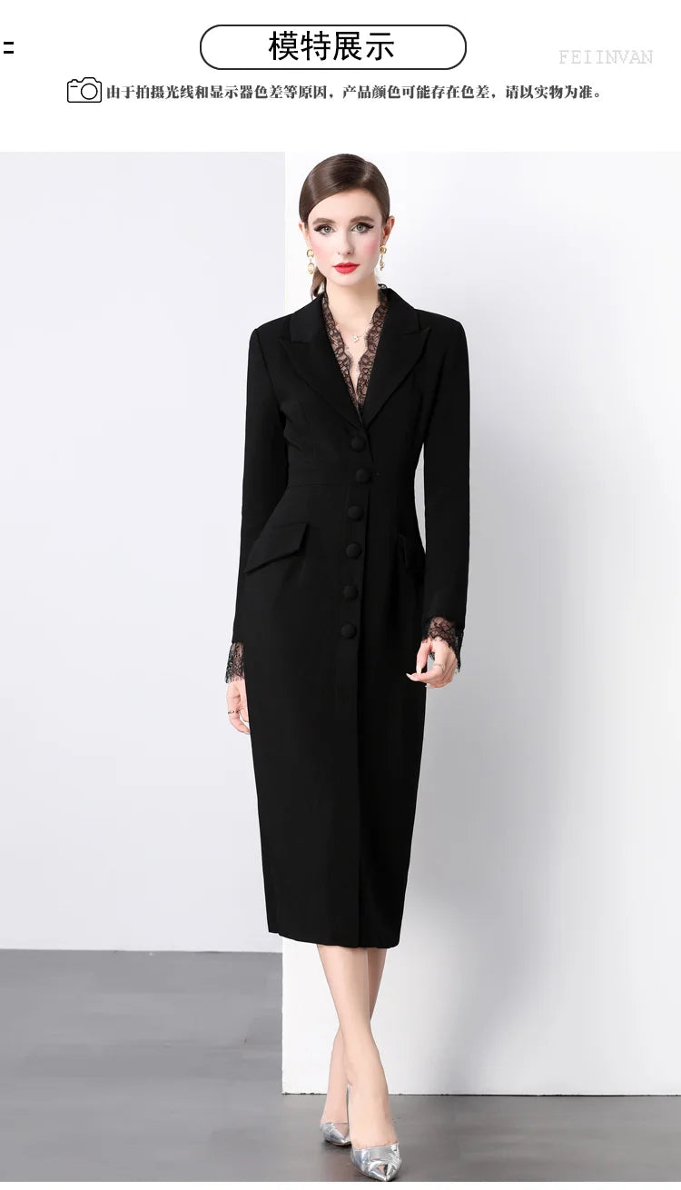 Blazer Dress Women Notched V-Neck Single-Breasted Long