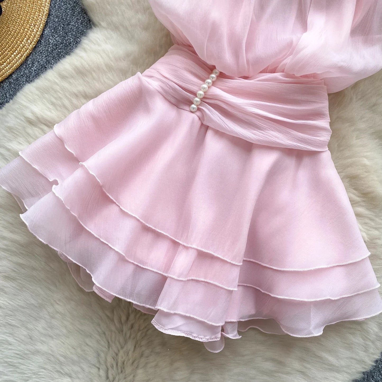 Chiffon Pearl Halter Mini Dress