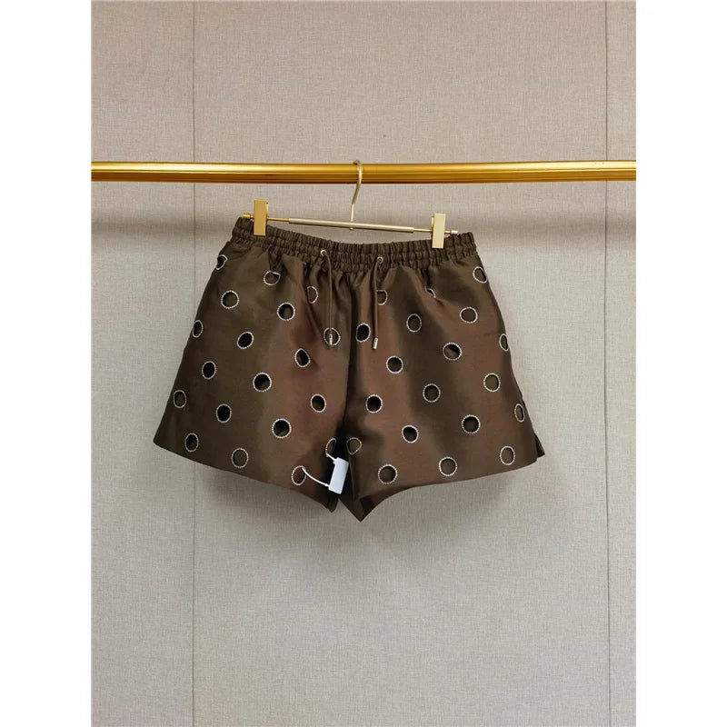 MaSande Early Autumn New Women's Fashionable Hollow out High Waist Drawstring Shorts Ring Detail Casual Pants Straight Leg - Shellss