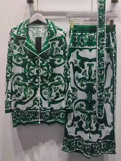 Long sleeve majolica print Two-piece Set