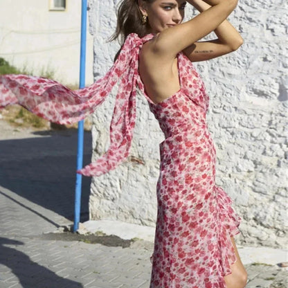 Floral One-Shoulder Chiffon Asymmetrical dress