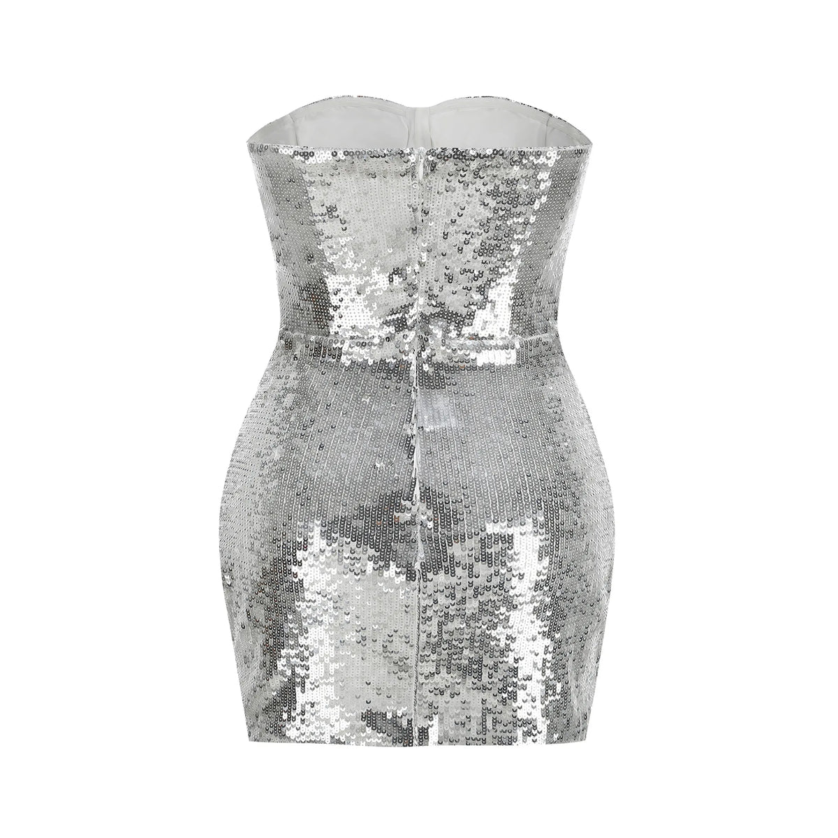 New Silver Sequined Strapless Dress with Fish Bones Waist Cinching Folded Hips Short Skirt Slim Fit Sexy Party Evening Dress