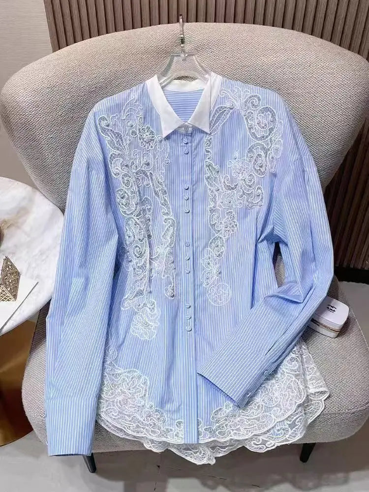 Pearls Beaded Lace Embroidery Blue Shirt