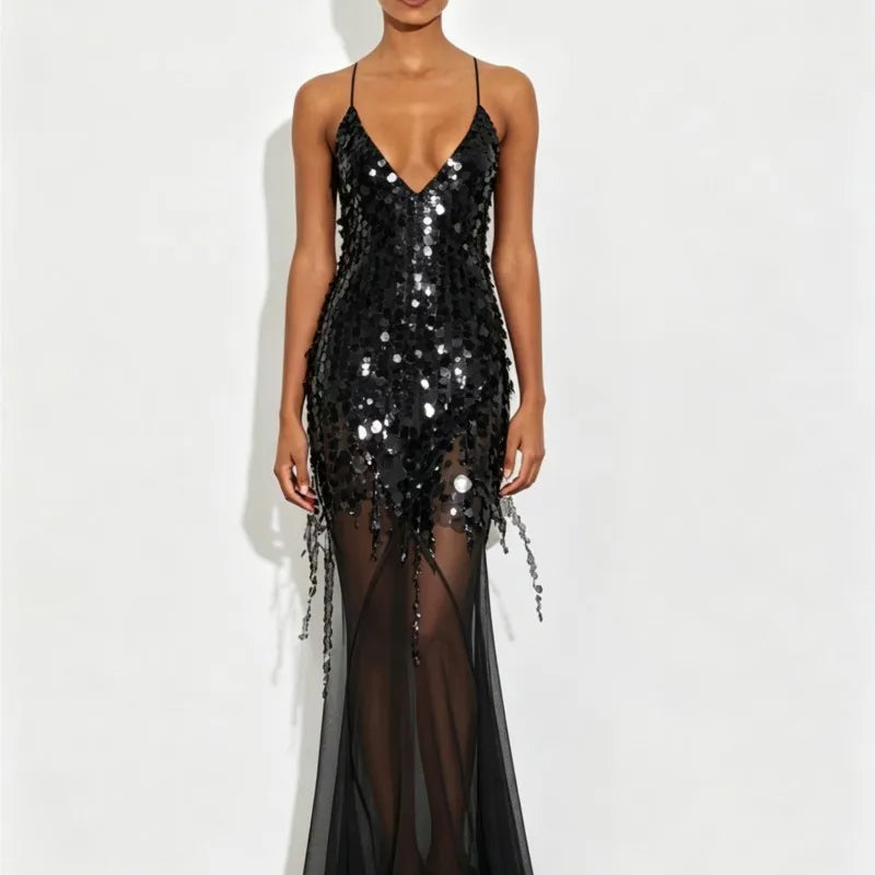 New Summer Sequins Patchwork Mesh Slim Long Dress Women Casual Vacation Dress Sexy Suspender V Neck Backless Evening Dress