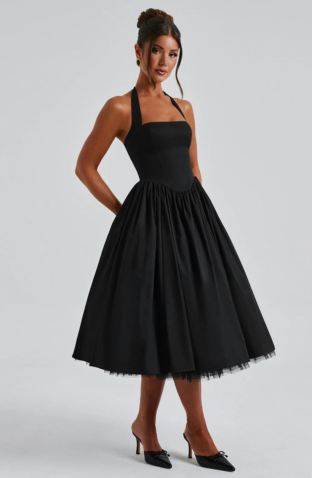 Luxurious Dress Vintage-Inspired Chic Puff-Sleeve Dress Lace-Up Pleated Tulle Dress Romantic-Elegant Evening Ruffle Gown - Shellss