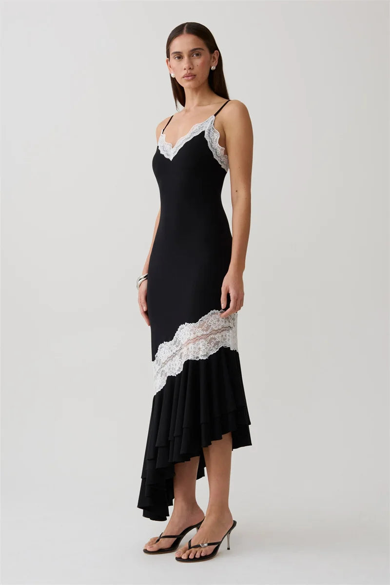 Mozision Women Spaghetti Strap V‑Neck Sexy Midi Dress Contrast White Lace Patchwork Ruffle Hem Bodycon Party Evening Dresses