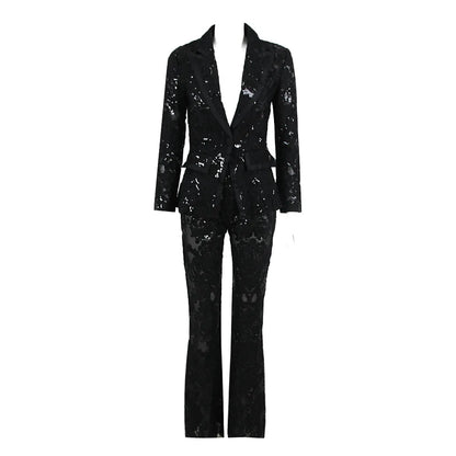 HIGH STREET Newest 2024 Designer Runway Suit Set Women's Single Button Guipure Lace Blazer  Flare Pants Set