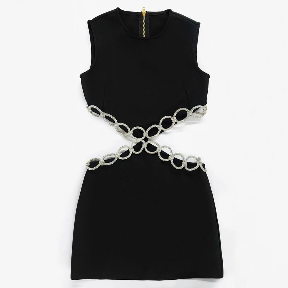 Bandage Dress Evening Gown Temperament European And American Open Waist Hollow Diamond Ring Dress