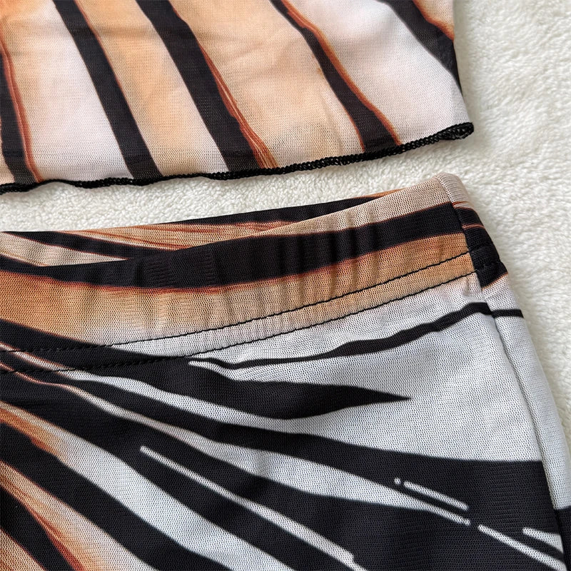 Summer Stripe Sheer Mesh Two Piece Set Women Short Sleeve Top High Waist Pants Elegant See Through Bodycon Matching Sets - Shellss