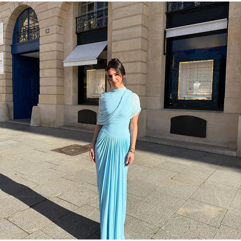 Irregular Shawl Blue Maxi Dress Women's Fashion Turtleneck Slim Fit Pleated Vestidos 2025 New Lady Evening Party Robes Summer - Shellss