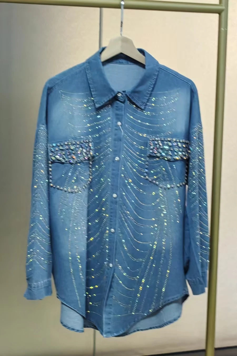 New In Autumn Sparkle Diamonds Mid-length Denim Shirts & Blouses For Women's Fashion Trend 2024   Tops Blusas Woman Clothes