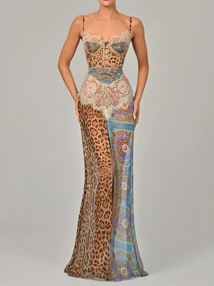 Summer Strap Leopard Lace Split Sexy Long Dress Women's Elegant Patched Chiffon Sleeveless Backless Beach Evening Dress - Shellss roberto cavalli zimmermann