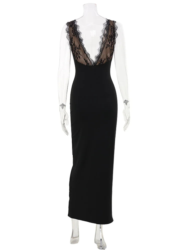 Huhugirl Elegant Long Dresses Sleeveless Lace Patchwork Deep V-Neck Backless Party Club Fashion Summer Style For Women Solid