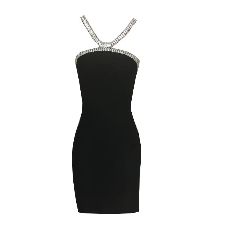 2026 Women Sexy New Sleeveless Halter Diamonds Black Midi Bodycon Dress Party Costume Bar Nightclub Stage Performance Clothing