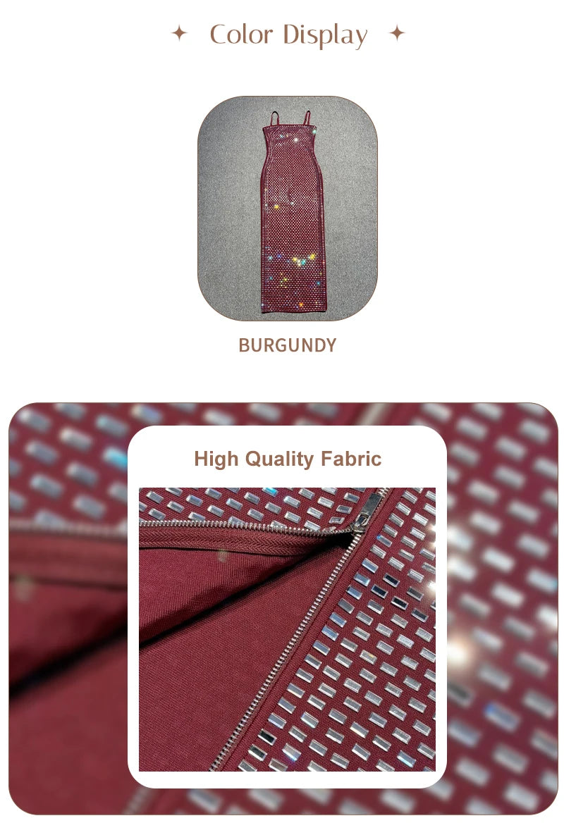 Burgundy Sequin Spaghetti Strap Midi Dress Bodycon Sparkly Evening Party Cocktail Formal Dress Women's Slim Fit Backless Gown