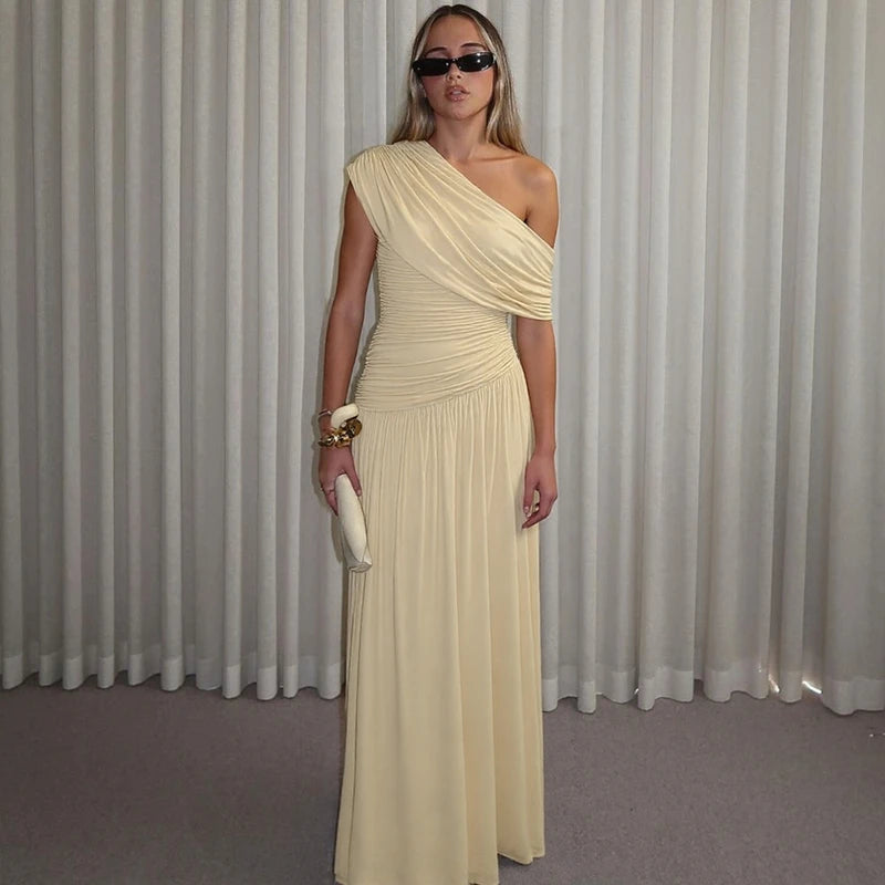 Hugcitar One Shoulder Ruched Sleeveless Solid Pleated Sexy Irregular Y2K Maxi Dress Summer Elegant Party Women Clothes Vacation - Shellss