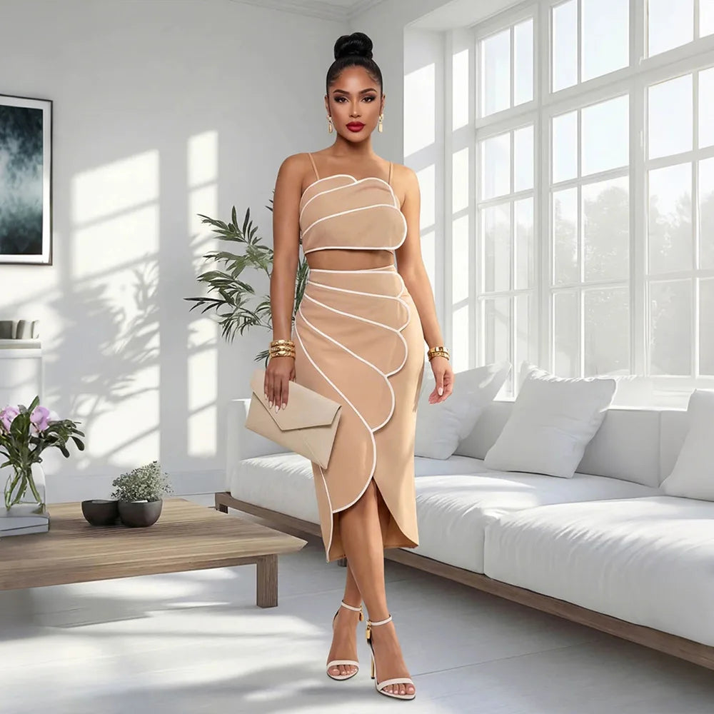 2 Piece Sets Tops And Skirt Elegant Women Sleeveless Sexy Midi Dress Fashion Evening Ladies Street Party Vestidos Summer