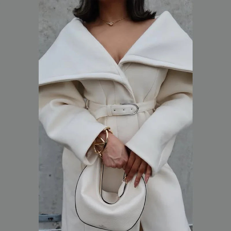 Stylish Elegant Woolen Coat Belted High-end