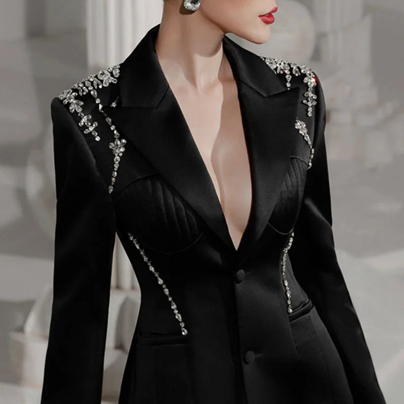 Blazer Diamond Crystals  Black Suit Dress Mid-Waist A- Line Premium