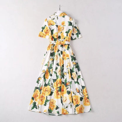 Yellow Roses Midi Dress Cotton