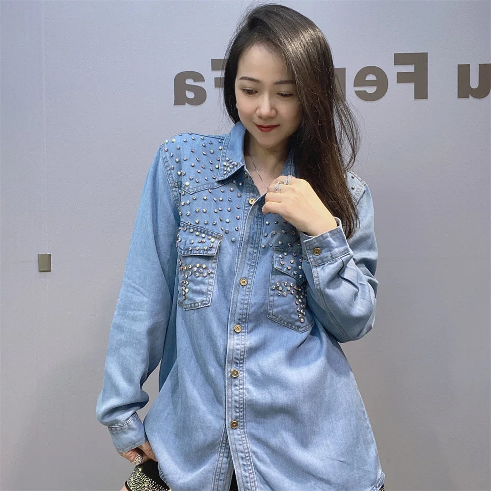Diamonds Beaded Denim Shirts Rhinestones - Shellss