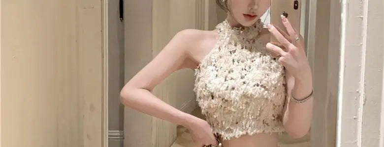 Summer New Little Fragrance Style Hot Girl Tassel Bright Particle Top Bodycon High Waist  Skirt Two Piece Set Women