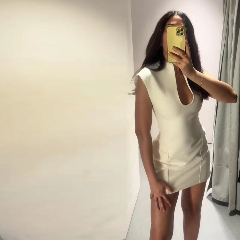 Elegant Solid Women's Dress Stand Collar Hollow Out Sleeveless Waist-Closed Lady Mini Dresses 2026 Spring Summer Female Robe