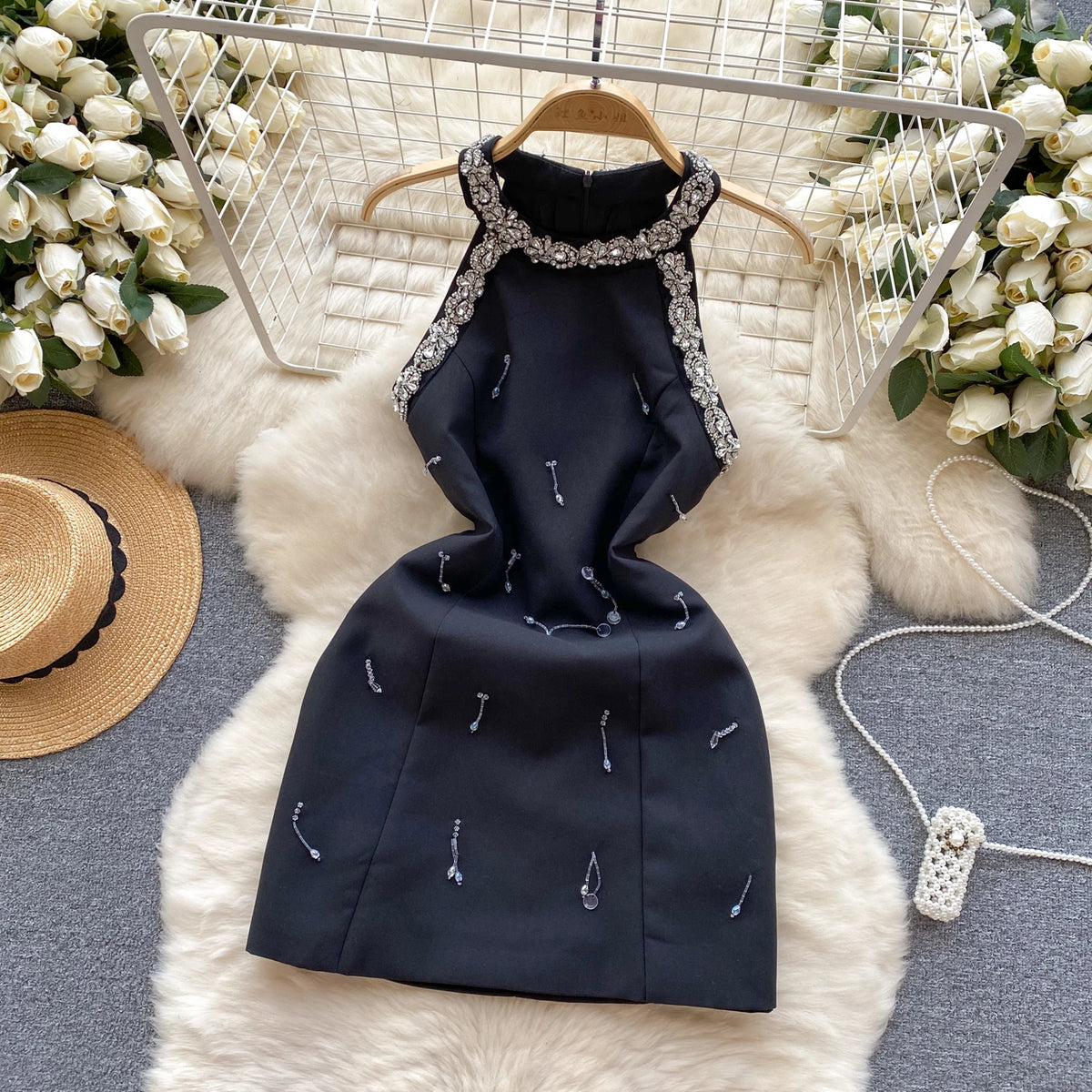 French Chic Elegant Mini Dress Sequined Beading Halter Off-shoulder Sleeveless Vestidos De Mujer Female Evening Dresses Dropship
